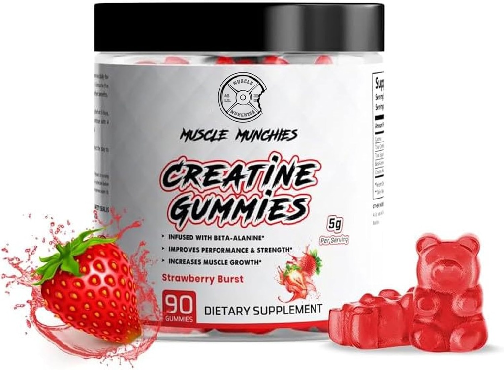 Muscle Munchies Creatine Chewable Gummies for Men &amp; Women-Infused with Beta Alanine-5g of Creatine Per Serving-Increas Strength, Endurance, " Recovery-Vegan, NonGMO (Strawberry Burst)