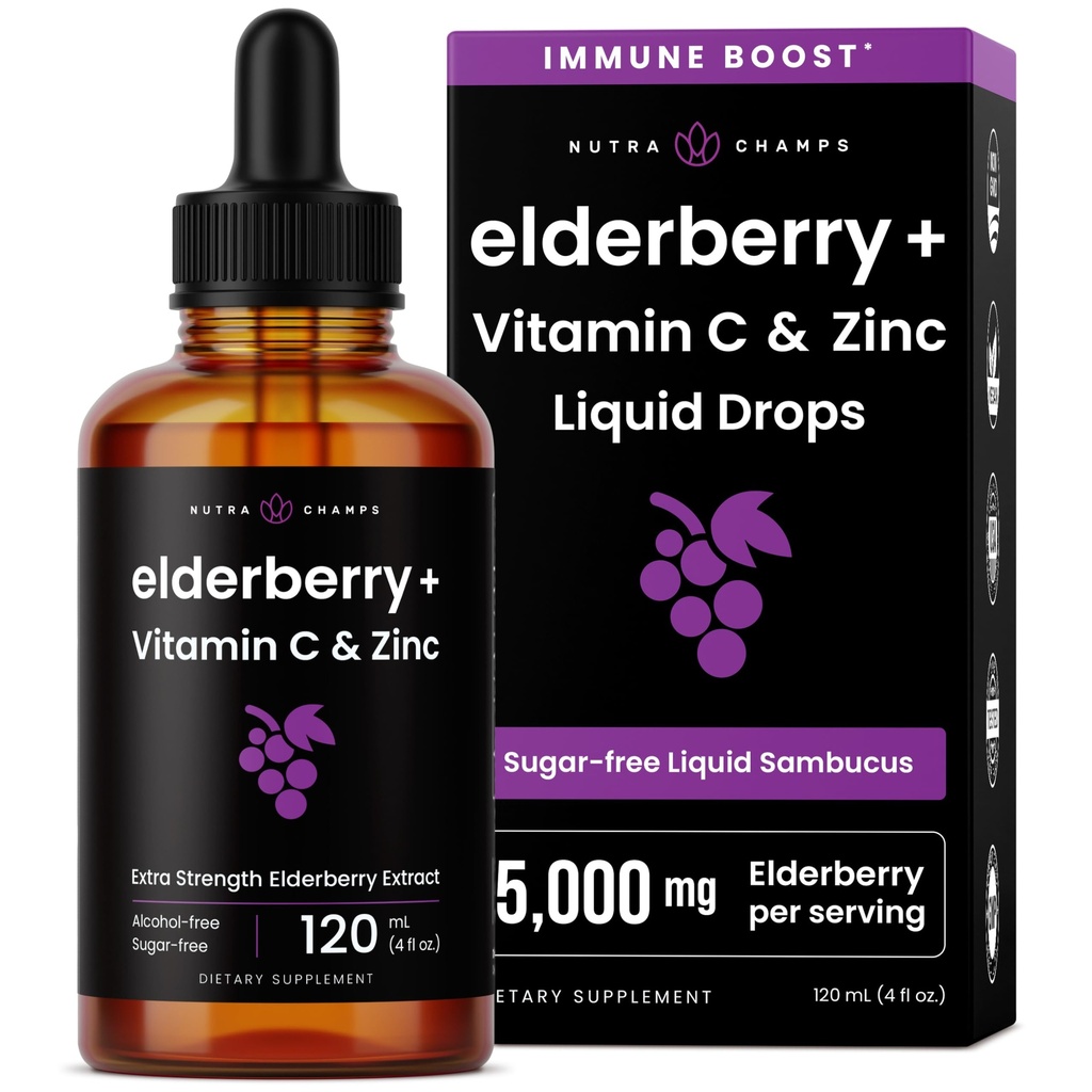 NutraChamps Organic Elderberry Syrup - 5000mg Elderberry Extract with Vitamin C & Zinc - Black Elderberry Liquid Drops - Sugar-Free Immunity Booster, Vegan, Sin gluten