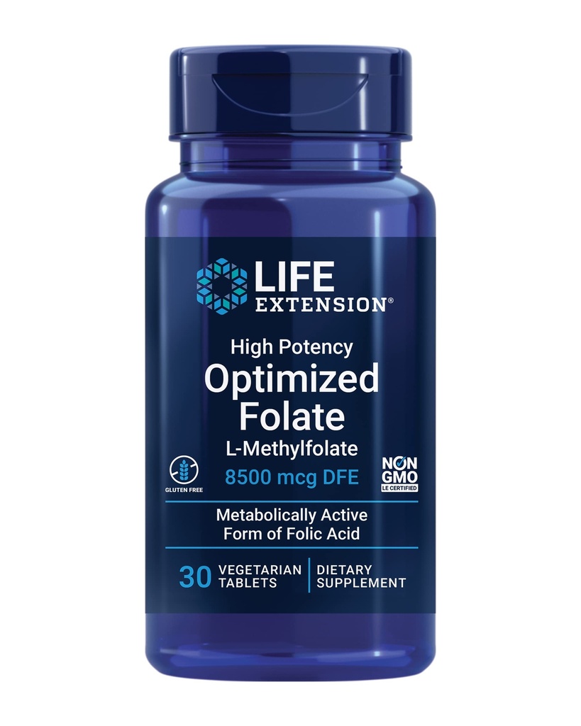 Folato optimizado para la extensión de vida – L-methylfolate – Ácido fólico, 8500 mcg DFE – Heart & Brain Support, Healthy Homocysteine Levels – Gluten-Free, Non-GMO, Vegetarian – 30 Tablets