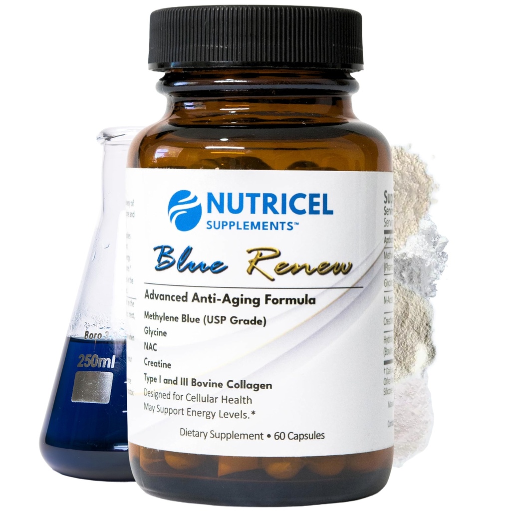 Nutricel Metileno Azul cápsulas con Glicina agregada + NAC (GlyNAC), Collagen, y Creatina - Confeccionado hecho en América Marca - 7mg (USP Referencia cumple) - Tercera Parte testado (60ct)
