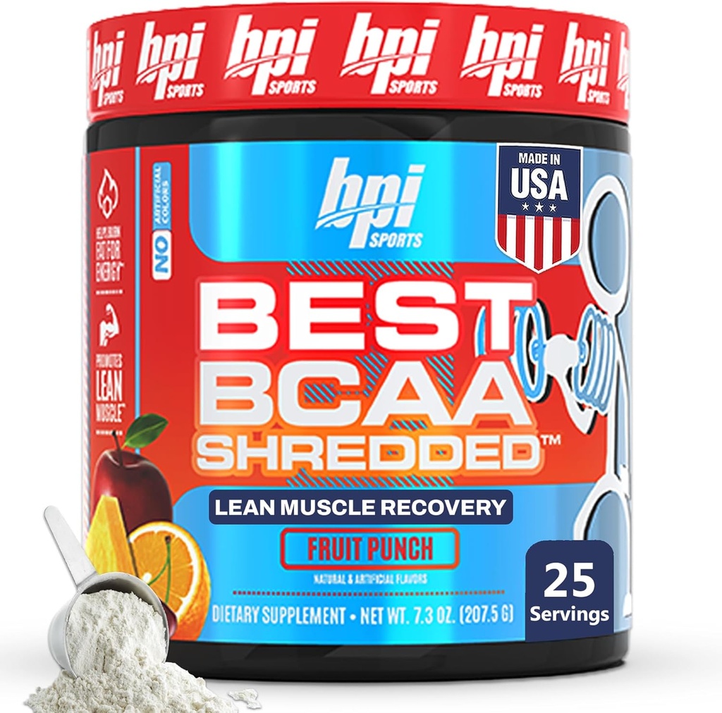 BPI Sports Best BCAA Shredded - Caffeine Free Thermogenic Recovery Drink, Lean Muscle Building BCAA Powder for Women and Men, Preworkout BCAAs Amino Acids Drink- Fruit Punch - 25 servicios