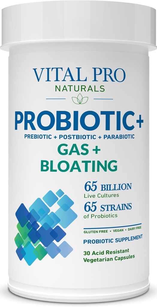 Vital Pro Naturals - Gas & Bloating Probiotics + Prebiotics, Postbiotics, Parabiotics, 4-in-1 Health Supplement for Adults, High Potency, 65 Strains, Once Daily Digestive and Immune Support, 30 ct