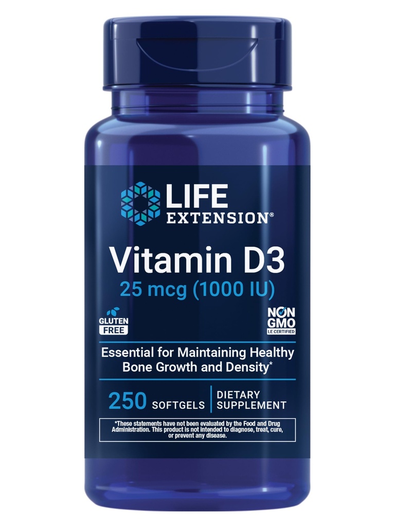 Extensión de la vida Vitamina D3 25 mcg (1000 UI), Soporte de sistema inmunológico, salud ósea, salud integral, tamaño de valor, libre de gluten, no GMO, 250 softgels