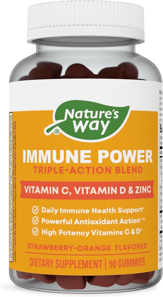 Camino de la Naturaleza Poder Inmunitario, Triple Acción Soporte Inmunitario Blend*, Vitaminas C y D, Zinc, Fresa-Orange Flavored, 90 Gummies