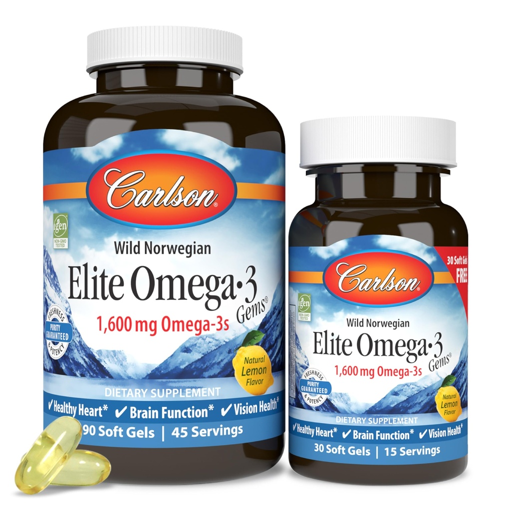 Carlson - Elite Omega-3 Gems,1600 mg Omega-3 ácidos grasos incluyendo EPA y DHA, norugiano, aceite de pescado silvestre Suplemento, cápsulas, limón, 90+30 Softgels