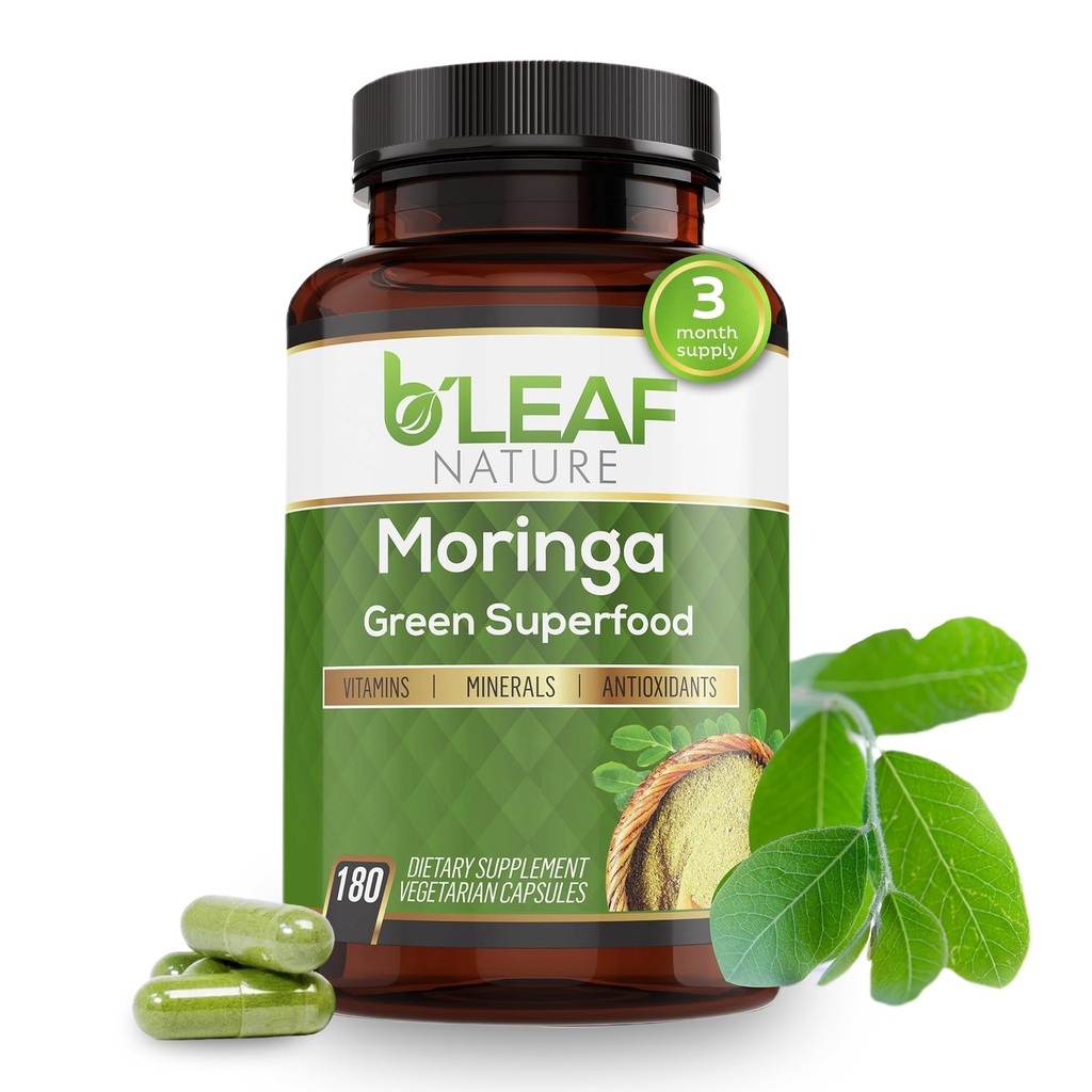 B'LEAF NATURE Organic Moringa Capsules 1000mg, 180 Conde – Moringa Capsules with Organic Olefeira Powder for Immune Support, Energy & Balance – Vegan, Non-GMO Supplements for Daily Wellness