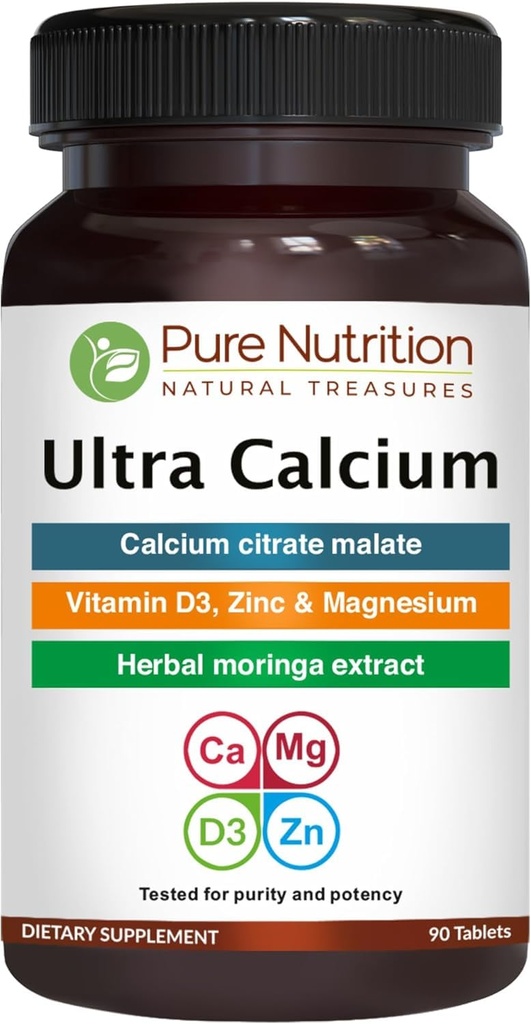Nutrición pura Ultra Calcio 1000mg con VIT D3 + K2 tención 90 Tab tención Suplemento de calcio altamente absorbible con Calcio Citrate Malate, VIT D3, K2, Moringa Oleifera, Magnesio y Zinc.