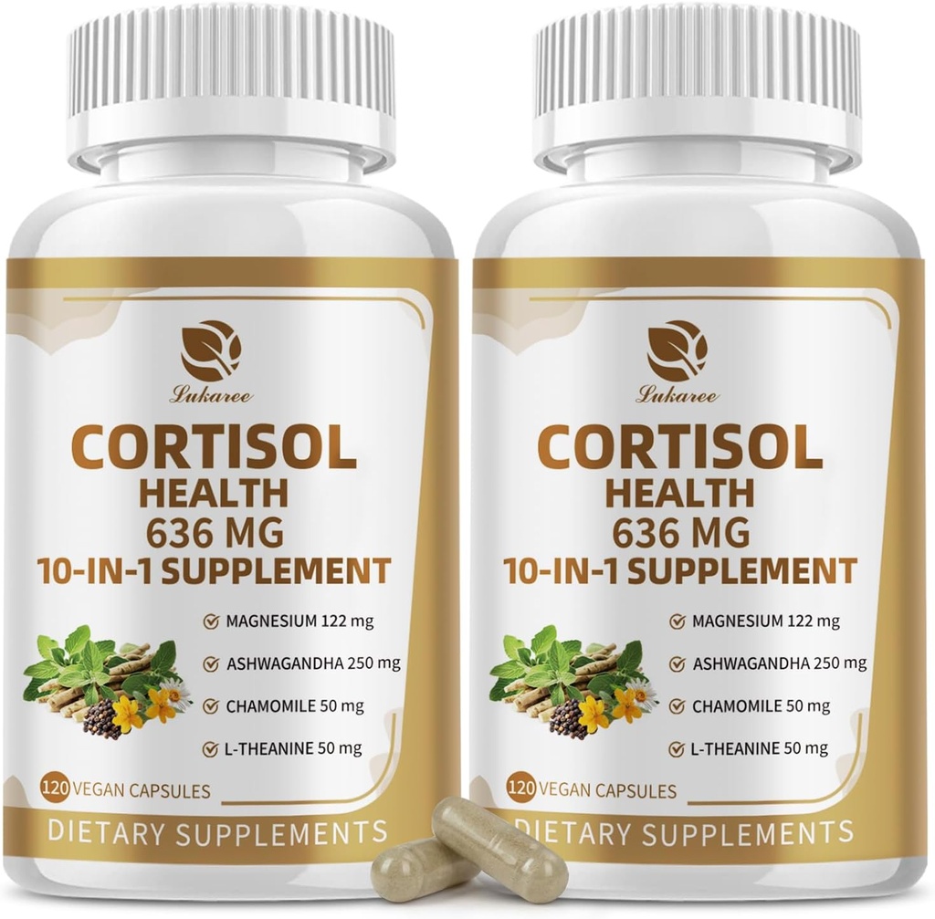 Suplementos de 10-IN-1 Cortisol con Magnesio, Ashwagandha, Chamomile, L-Theanine, Phosphatidylserine, la hierba de San Juan, Astragalus, Vitamina C & D3, Para Mujeres Hombres, 240 cápsulas Veganas para 4 meses, No GMO
