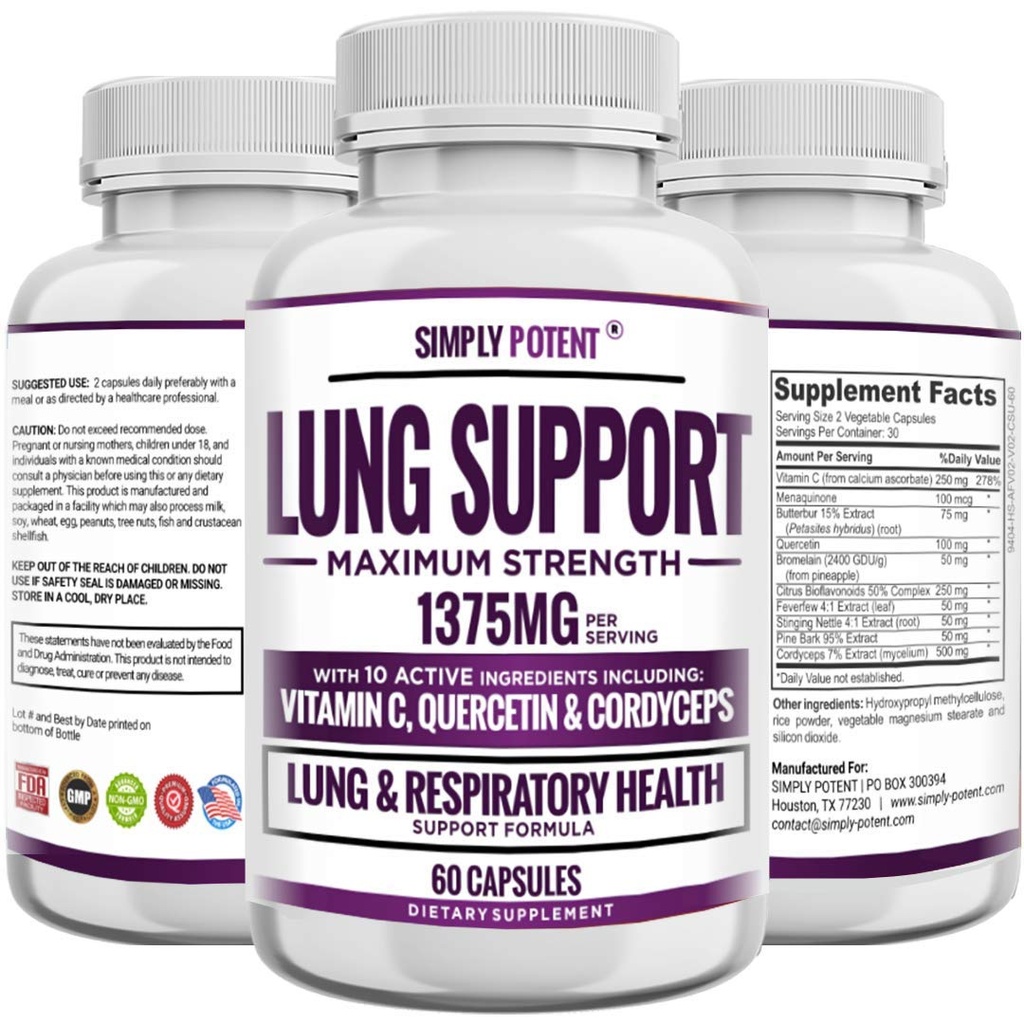 Suplemento de soporte de pulmón para limpieza de pulmón " Detox, fórmula integral - Quercetina con nettle de bromelaina Vitamina C K2 " 500 mg Cordyceps para salud pulmonar, apoyo respiratorio " , 60 cápsulas