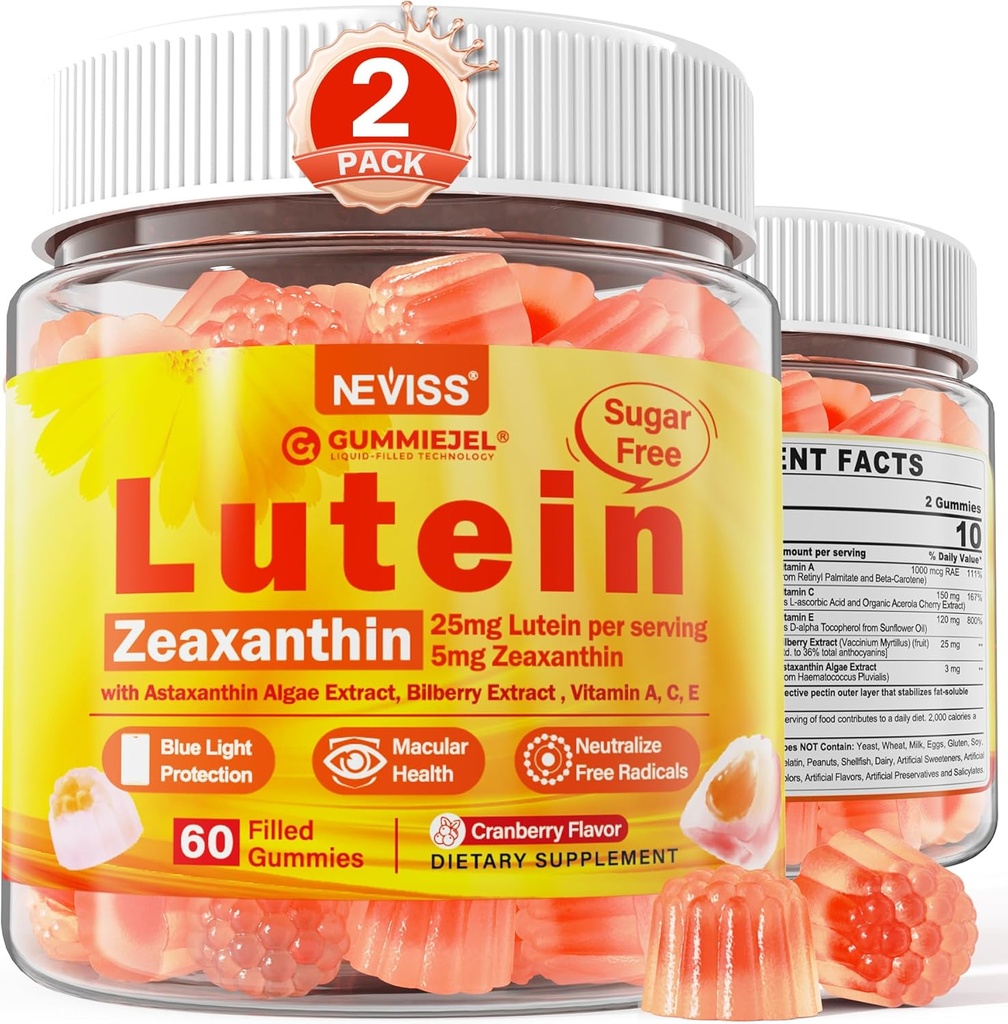 2 Pack Lutein y Zeaxanthin Suplementos Gummies (25mg) Vitaminas A, C, E, Bilberry, Astaxanthin - Aceite de coco para una mejor absorción - para adultos & adolescentes visión, ojo, cerebro, piel - Vegan, azúcar gratis