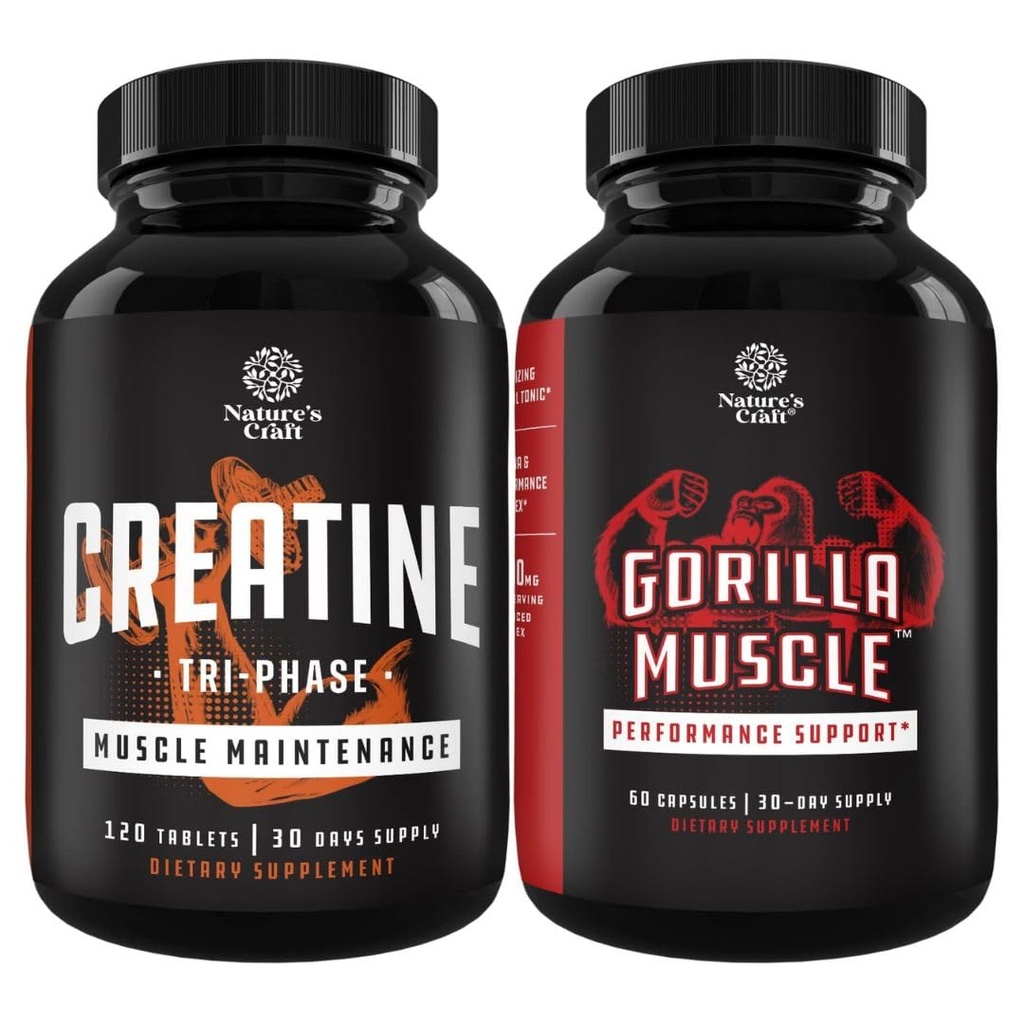 Bundle of Tri Phase Creatine Pills 5g y Extra Strength Test Booster para Hombre - Muscle Mass Gainer y Muscle Recovery Creatine HCL Pyruvate - Natural Energy Supplement with Horny Goat Weed