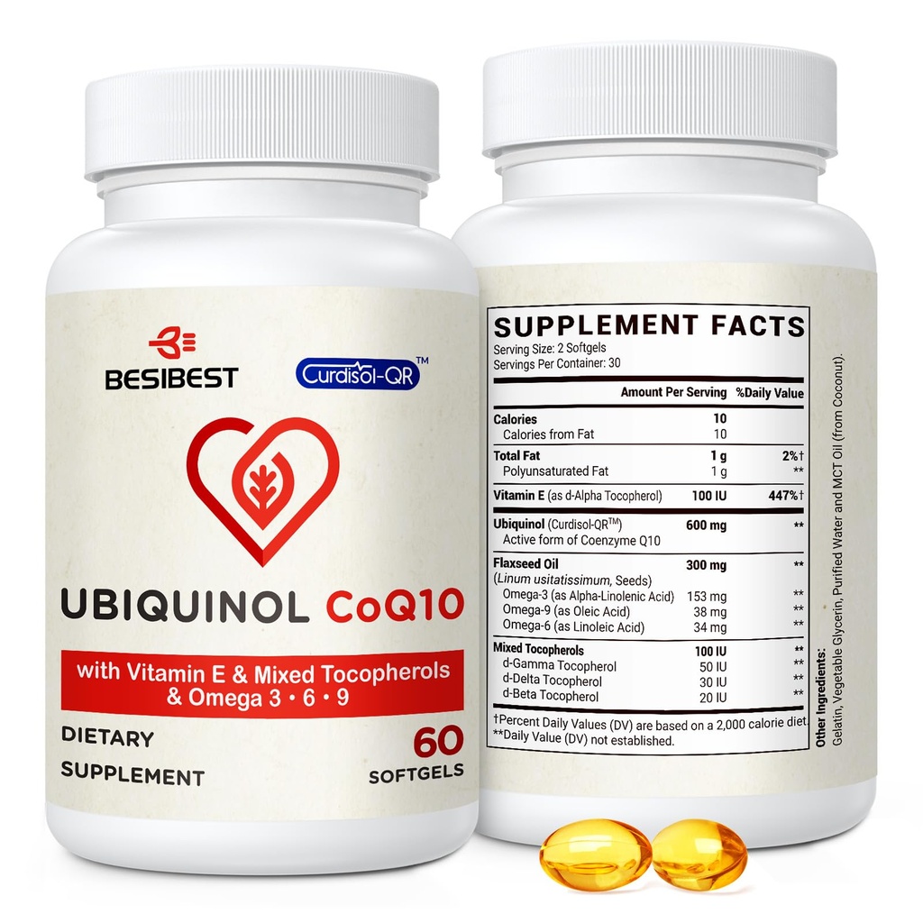 Besibest Ubiquinol CoQ10-600mg-Softgel, Active Coq10 Ubiquinol Suplemento con vitamina E &amp; Omega 3, 6, 9, alta absorción-Coenzyme-Q10, potente antioxidante para la producción de energía, probado, 60 cuenta