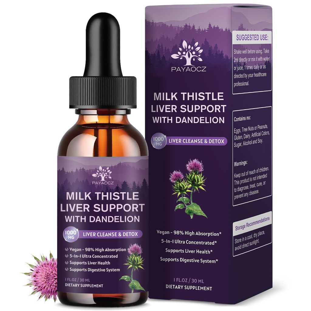 (2 Pack) Milk Thistle Liquid Drops Silymarin 1000mg, Liver Supplement Detox &amp; Cleanse with Dandelion & Artichoke, Milk Thistle Organic Extract for Support Repair Liver Health, Vegan, Non-GMO, 1 Fl Oz