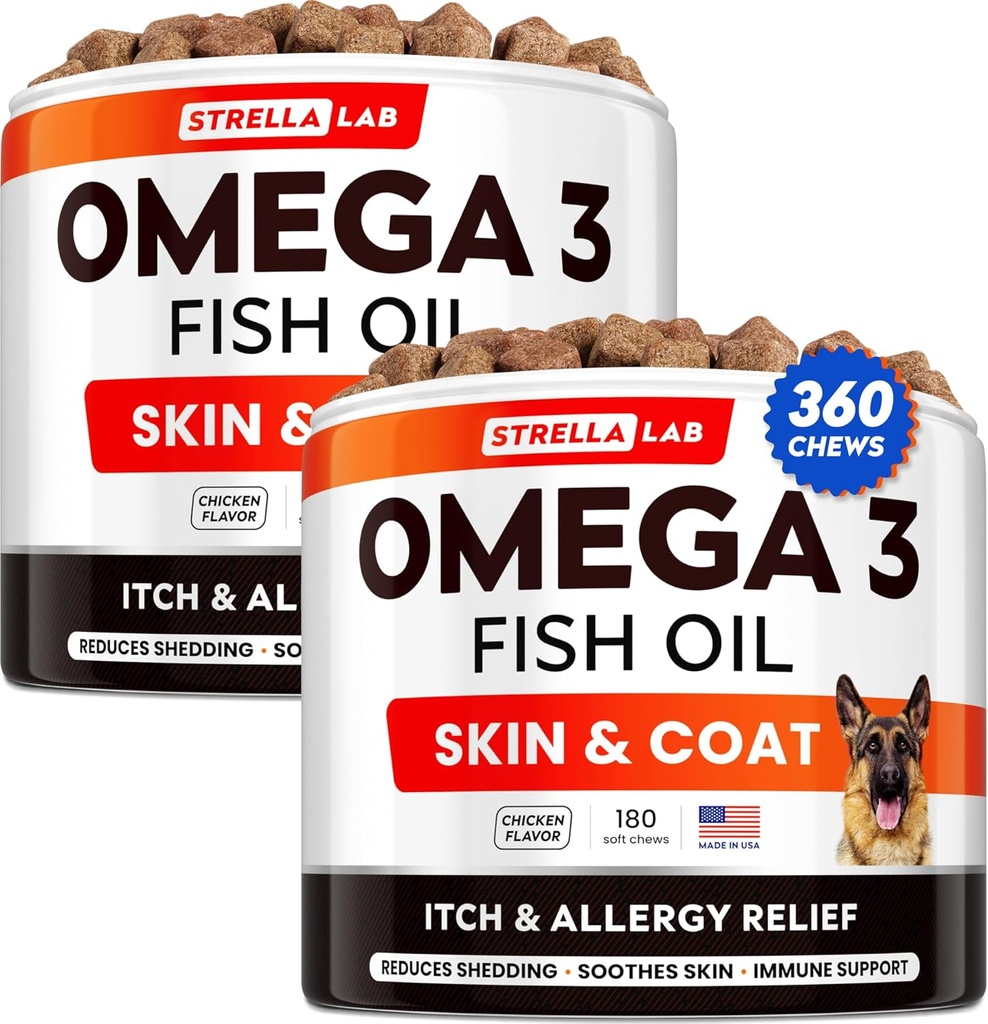 STRELLALAB Omega 3 para perros - (360Ct) Fish Oil Treats - Alergía & Itch Relief Skin & Coat Suplemento - Dry Itchy Skin, Anti Shedding & Hot Spots Tratamiento - Mascotas de aceite de salmón - sabor de pollo
