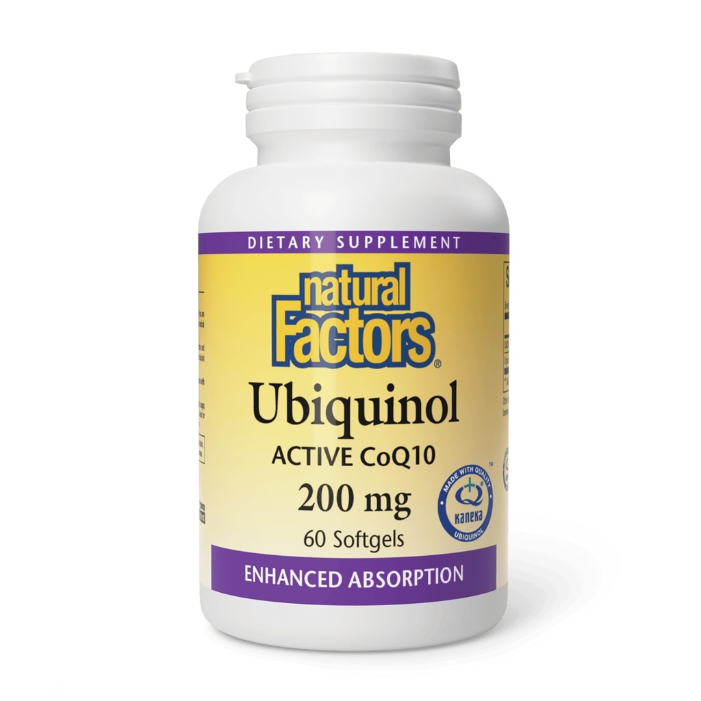 Factores naturales Ubiquinol 200 mg - Apoya la salud cardíaca " Vitalidad natural - Suplemento de apoyo antioxidante con absorción superior - Apoyo energético con aceite de linaza - 60 Softgels (60 Servings)