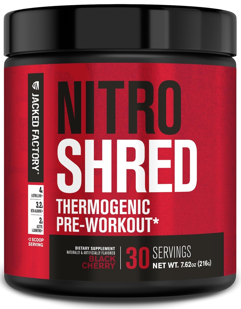 Jacked Factory NITROSURGE Shred Pre Workout Suplemento - Energy Booster, Instant Strength Gains, Sharp Focus, Powerful Pumps - Nitric Oxide Booster & PreWorkout Powder - 30Sv, Black Cherry