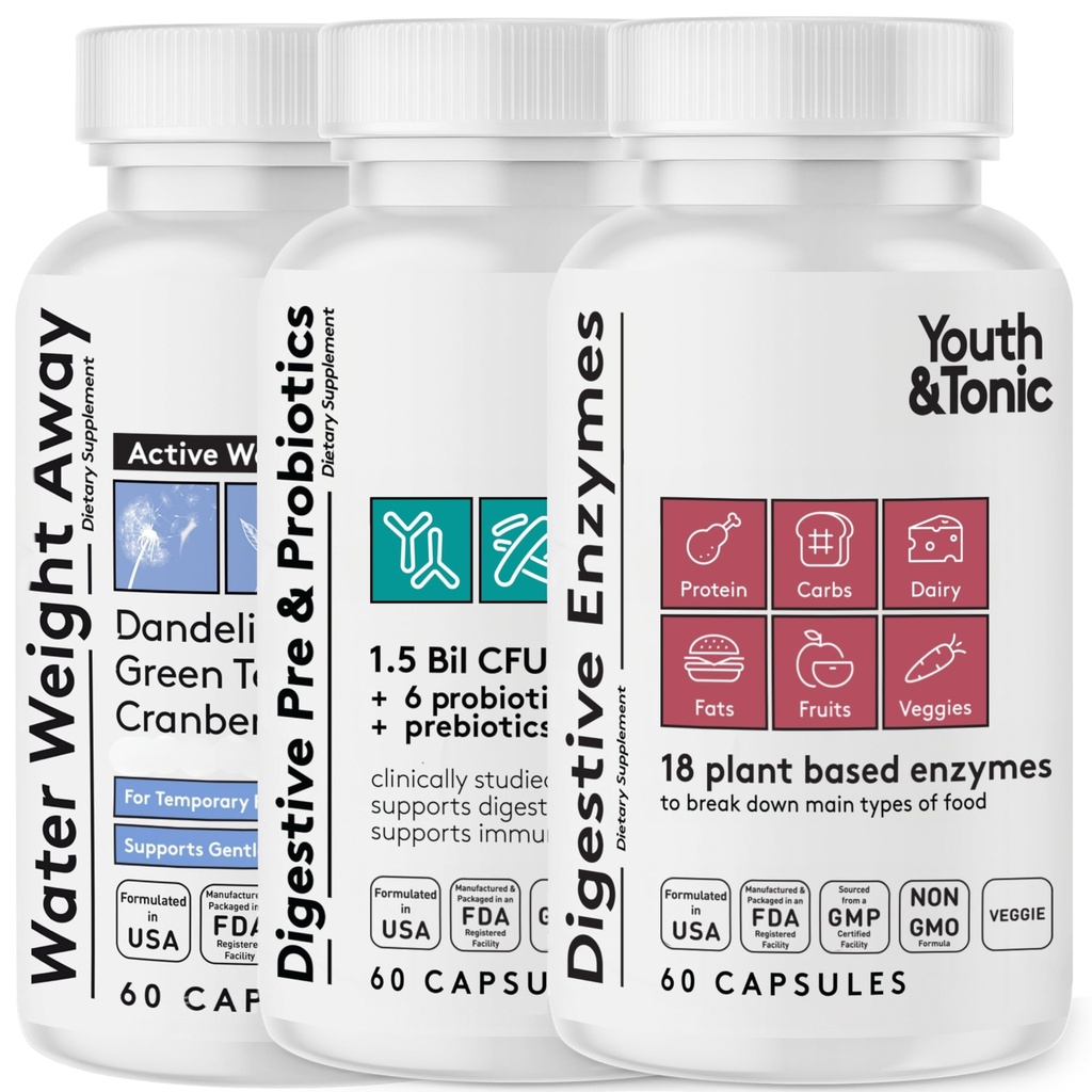 Juvenil &amp; Tonic Bloating Relief with Pre and Probiotics for Water Retention, Occasional Constipation, o Food Digestion with Water Pills and Digestive Enzymes Bundle Pack