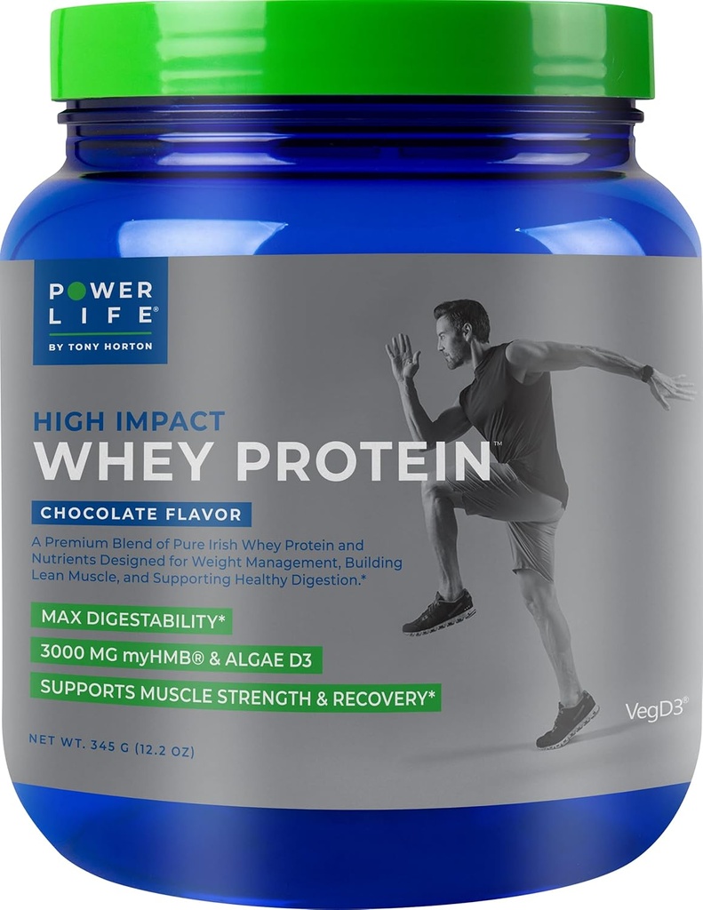 POWERLIFE Tony Horton High Impact Grass Fed Whey Protein with 3000 MG of HMB, No Sugar Añadido, Non-GMO, Hormona y Antibiótico Gratis, 15 Servings (Chocolate)