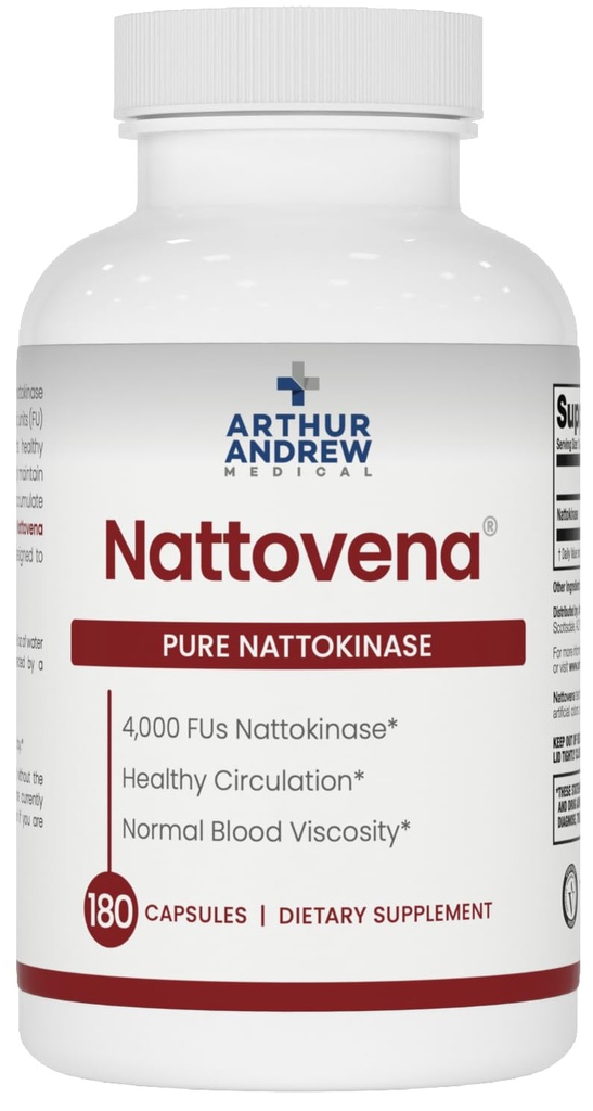 Arthur Andrew Medical, Nattovena, suplemento de Nattokinase puro, doble fuerza 4,000 FUs por cápsula, 180