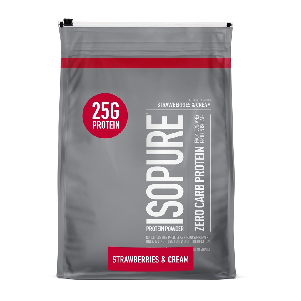 Isopure Zero Carb 100% Pure Whey Isolate Protein Powder, Lactose Free, Gluten Free, With Vitamins, Strawberries & Cream, 25g Protein Por Serving, 7.5 Lbs, 110 Servings (Packaging May Vary)