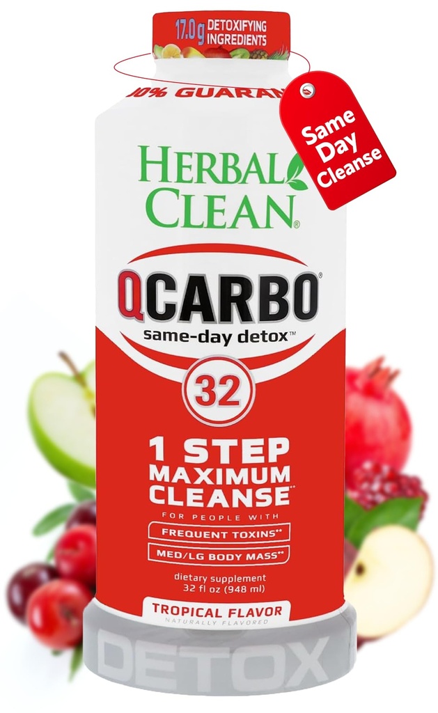 Herbal Limpio Qcarbo32 Bebida desintoxicación de un mismo día (32 fl oz) - Flavor tropical Full Body Cleanse* Detox Drink for Moderate Toxin Level*, Vitamina B2 y Vitamina B12 para Hombres &amp; Mujeres