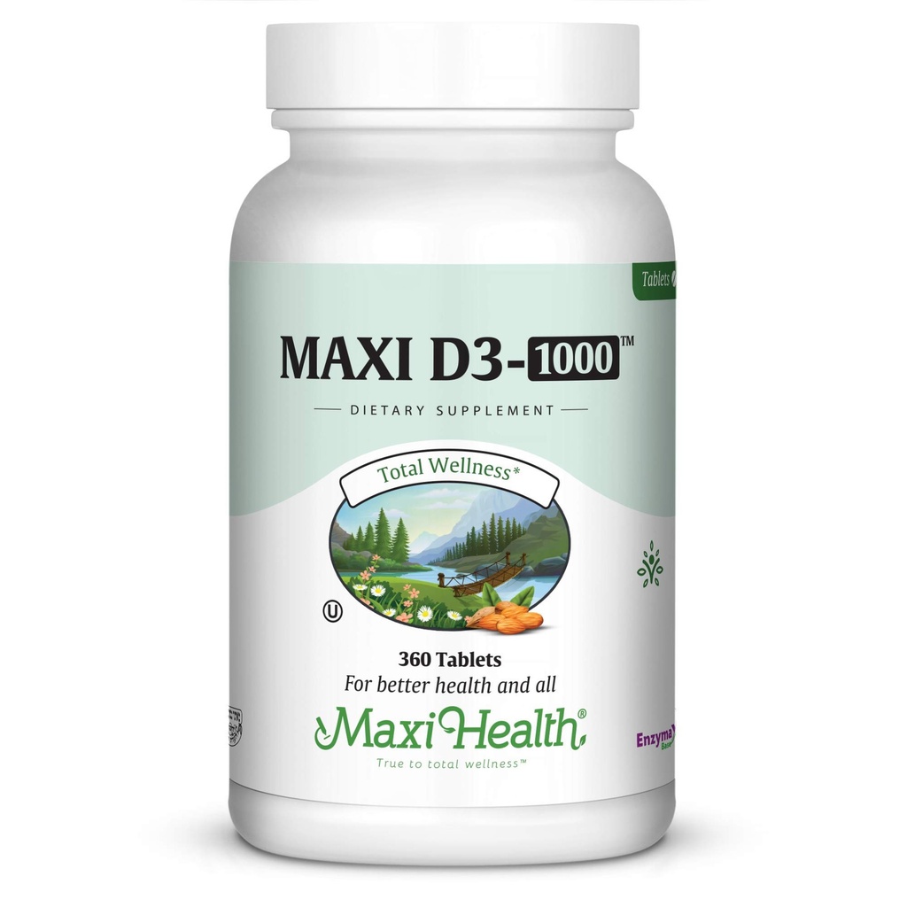 Maxi-Health Vitamina D3 1000 UI - para la función del músculo saludable, la salud ósea y el apoyo inmunológico – 360 Tabletas – Mejor suplemento de Kosher para adultos