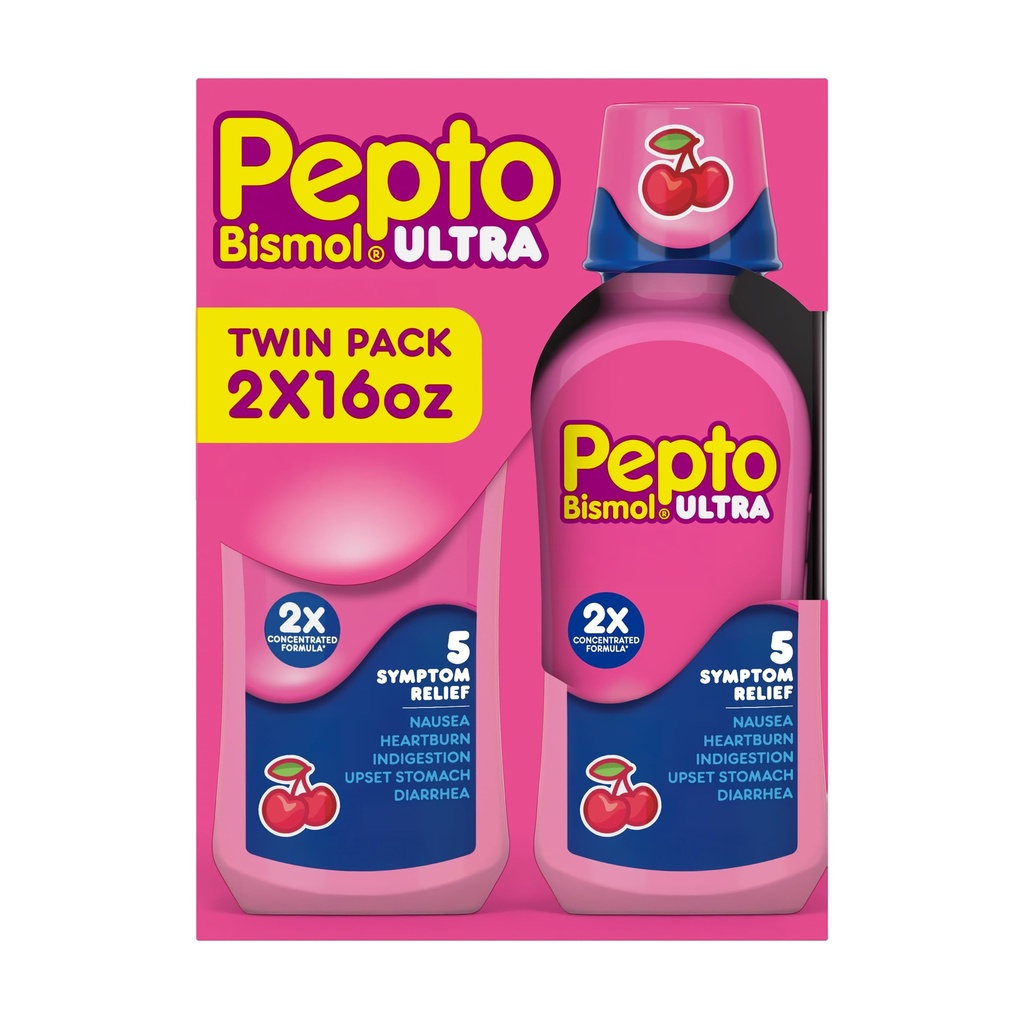 Pepto Bismol Liquid Ultra for Nausea, Heartburn, Indigestion, Upset Stomach y Diarrhea - 5 Symptom Fast Relief, Cherry Flavor 12 oz (Pack of 3)