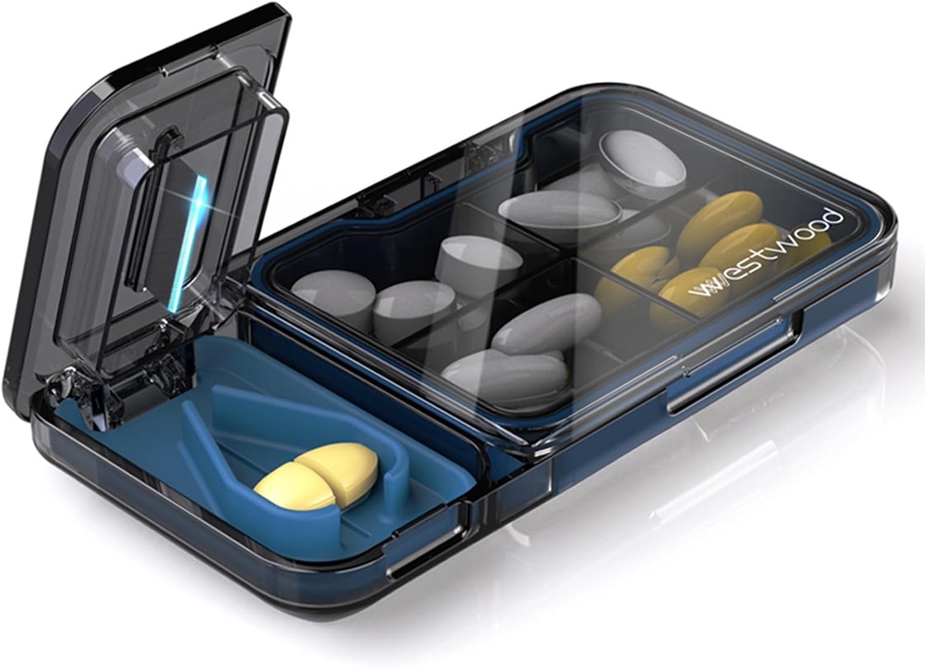 Organizador de píldoras de viaje con separador de pilas, caja de 4 platos, caja pequeña para el bolsillo, contenedor diario de píldoras para mantener suplementos de aceite de hígado de bacalao, Planificador de medicina (Negro)