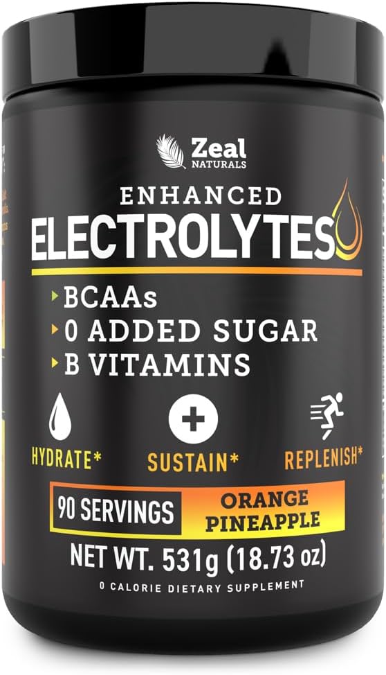 Zeal Naturals Electrolyte Powder Recovery Drink (90 Servings ← Orange Pineapple) w/ 0 Sugar +BCAAs +B-Vitamins Suplemento electrolito w Potasio Zinc & Magnesio para la hidratación - Keto Electrolitos