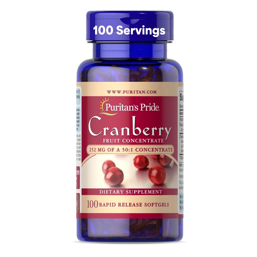 Puritan's Pride Premium Cranberry Fruit Concentrate 252mg with Vitamins C and E, Dietary Supplement for Immune System Support, 100 Rapid Release Softgels
