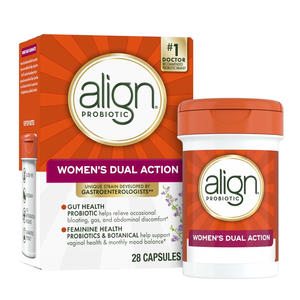 Probióticos alineados, Acción dual femenina, Probióticos vaginales para mujeres, Probiótico femenino para el apoyo a la salud vaginal, con Probióticos para la salud digestiva, 28 cápsulas probióticas