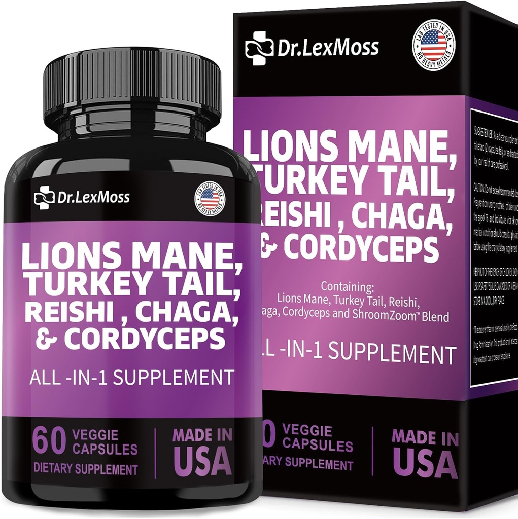 Lions Mane 3000mg, Turquía Tail 3000mg, Reshi 1000mg, Cordycps 10o0mg, Chaga 1000mg, Maitake Meshima Poria Cocos Shiitake Oyster Porcini Enoki con Mushroom Suplemento, 60 cápsulas