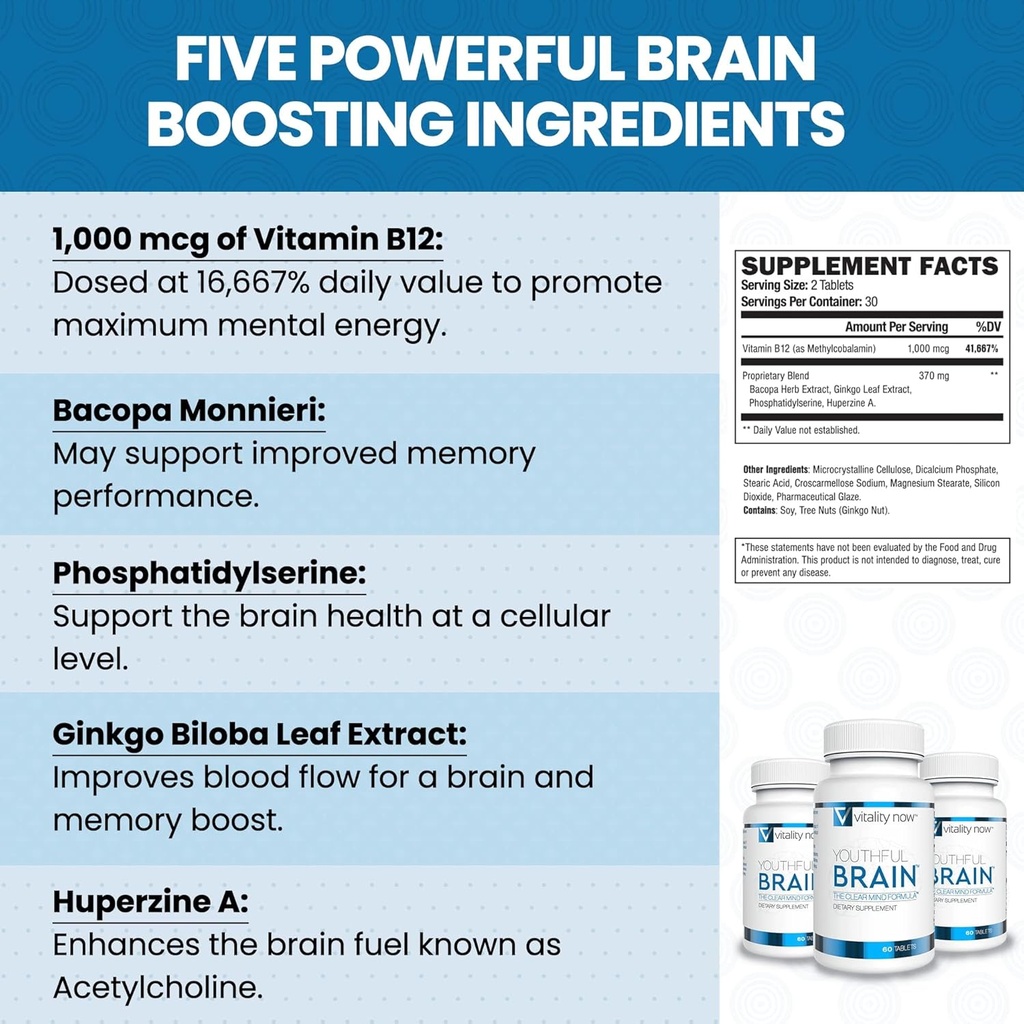 Cerebro Juvenil Ø Memoria &amp; Apoyo a la Salud Cerebro Suplemento con Bacopa Monnieri, Ginkgo Biloba, B12 - Tablas fáciles de absorber - Fuente de 30 días (60 Cuenta)