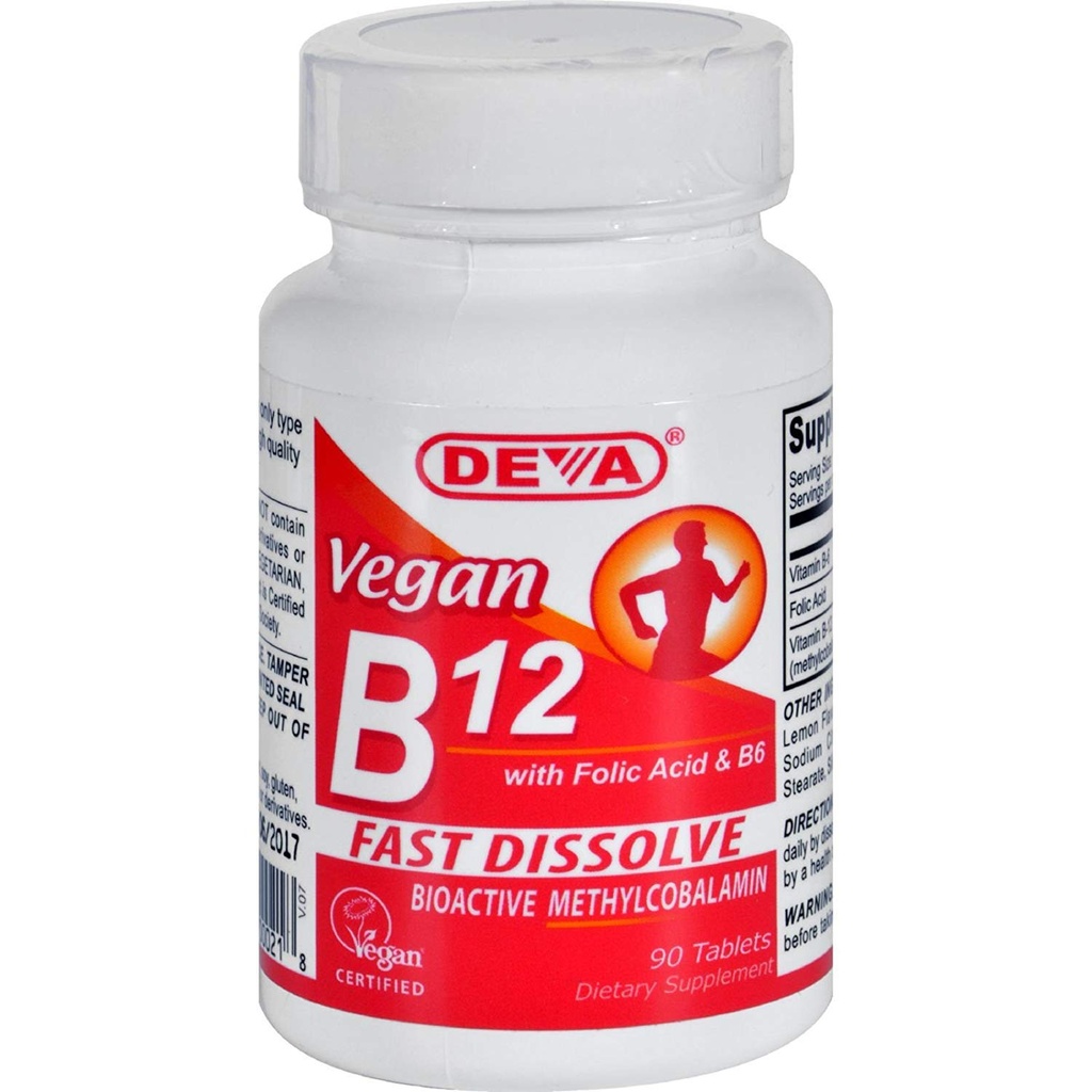 Deva Nutrition Vegan B12 Sublingual 1000 mcg con ácido fólico y B6 no certificado Kosher - 90 Tablet by Deva Nutrition