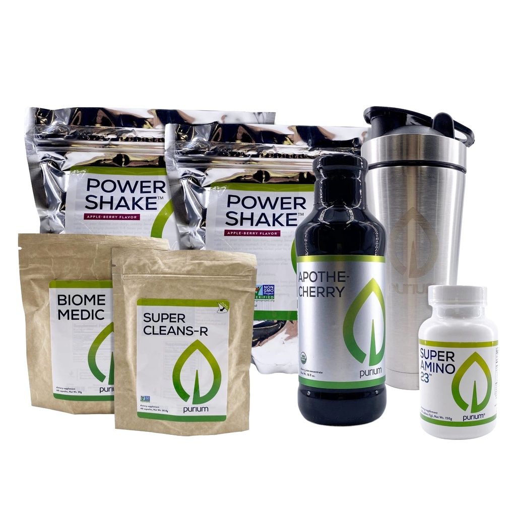 Purium Cleansing + Fitness Bundle - Incluye Power Shake (Apple Berry), Apothe-Cherry, Super Amino 23, Super CleansR, Biome Medic, &amp; Blender Bottle