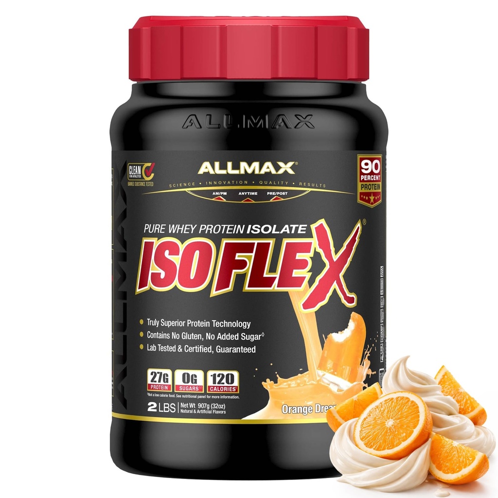 ALLMAX Nutrition ISOFLEX Whey Protein Isolate, Orange Dreamsicle - 2 lb - 27 Gramos de Protein Por Scoop - Zero Fat & Sugar - 99% Lactose Gratis - Gluten Free &amp; Soy Gratis - Aproximadamente 30 Servimientos