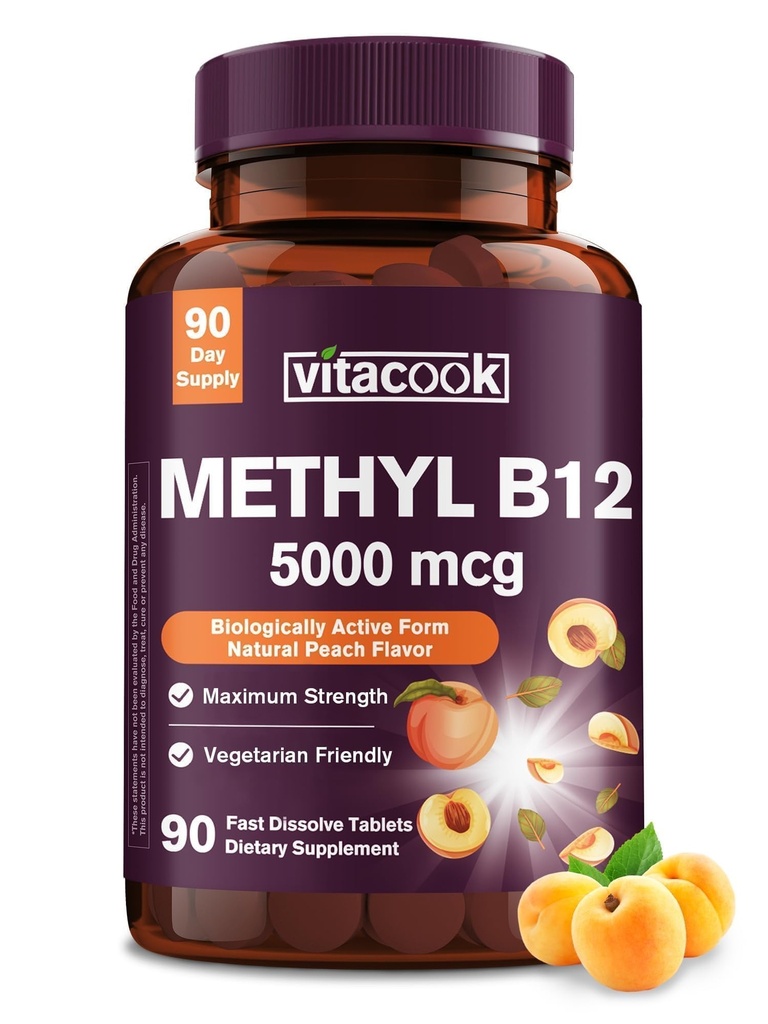 Vitamina B12 Sublingual, Methylcobalamin 5000mcg para la producción de energía, energía, Nerve & Cell Support, Natural Peach Flavor, Vegan, Zero Sugar, 90 Fast Dissolve Tablets