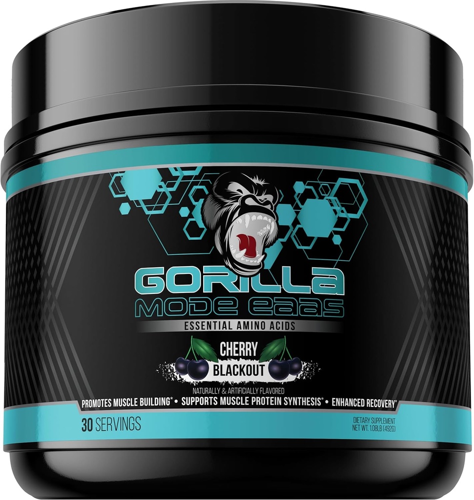 Gorilla Mind Aminoácidos esenciales para apoyar el edificio del músculo, la recuperación mejorada y la síntesis de proteínas, utilizar antes, durante o después de su entrenamiento, 492 gramos (Cherry Blackout)