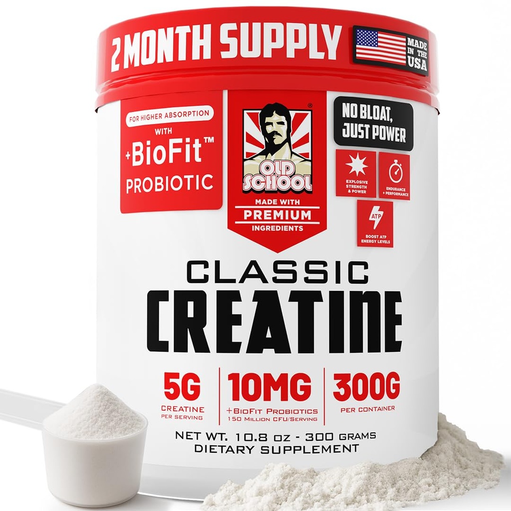 Old School Labs 5000mg Micronized Creatine Monohydrate with BioFit™ Probiotic - No Bloat Post-Recovery for Men & Women Supports Muscle Growth, Strength & Performance - Powder