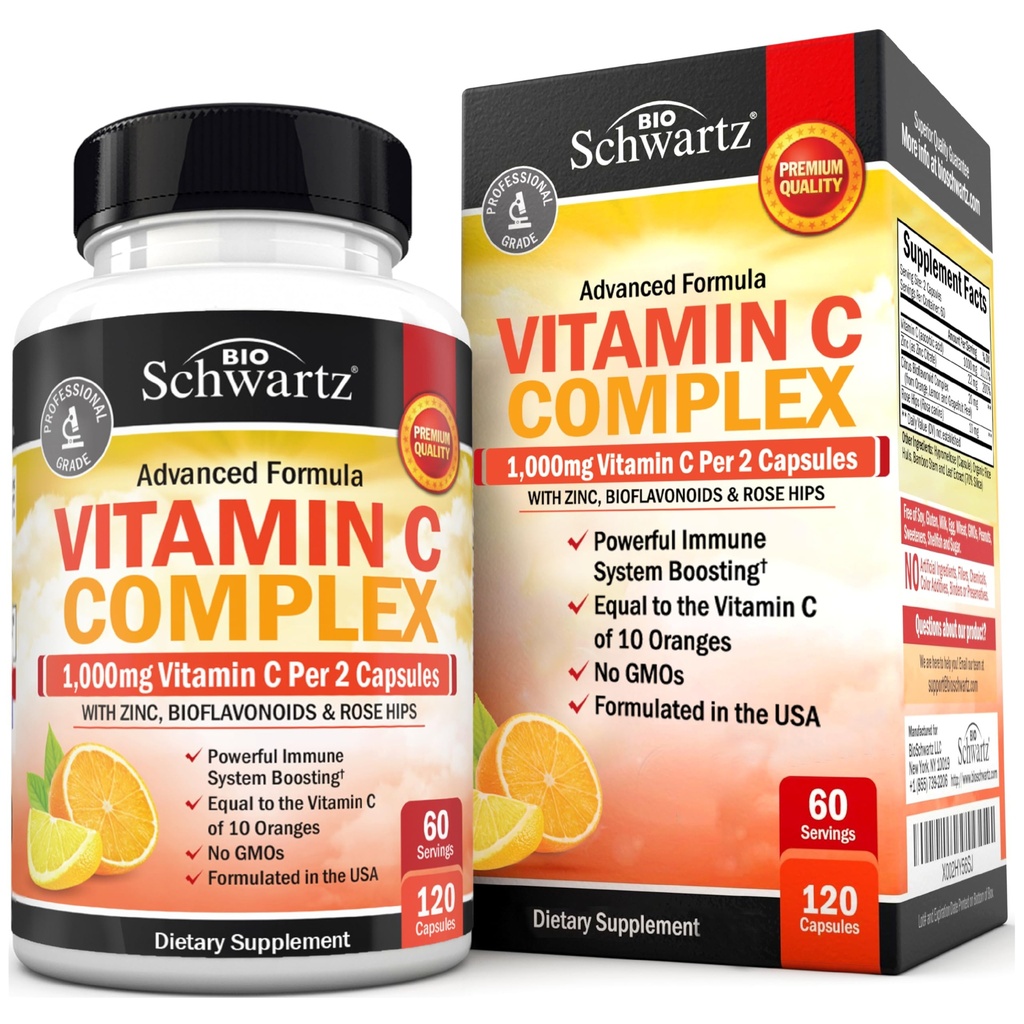 BioSchwartz Suplemento Complejo de Vitamina C - Vitamina C 1000mg Capsules con Rosa HIPS Zinc y Citrus Bioflavonoides para Salud Inmune, Energía Celular, Producción de Collagen, 120 Conde (60 Day Supply)
