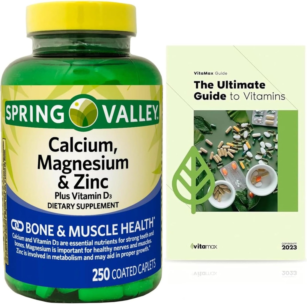 Calcio, Magnesio, Zinc &amp; Vitamina D3. Guía de vitaminas Exclusiva + Valle de Primavera Calcio, Magnesio &amp; Zinc Plus Vitamina D3 Suplemento dietético, 250 Condes