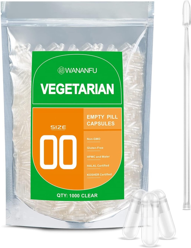 wananfu Tamaño 00 Empty Capsules Vegetarian (1000 Conde) Agrupar con Micro Lab Spoon, Limpiar Fillable Veggie Pill Capsules 00 para hacer sus propios suplementos
