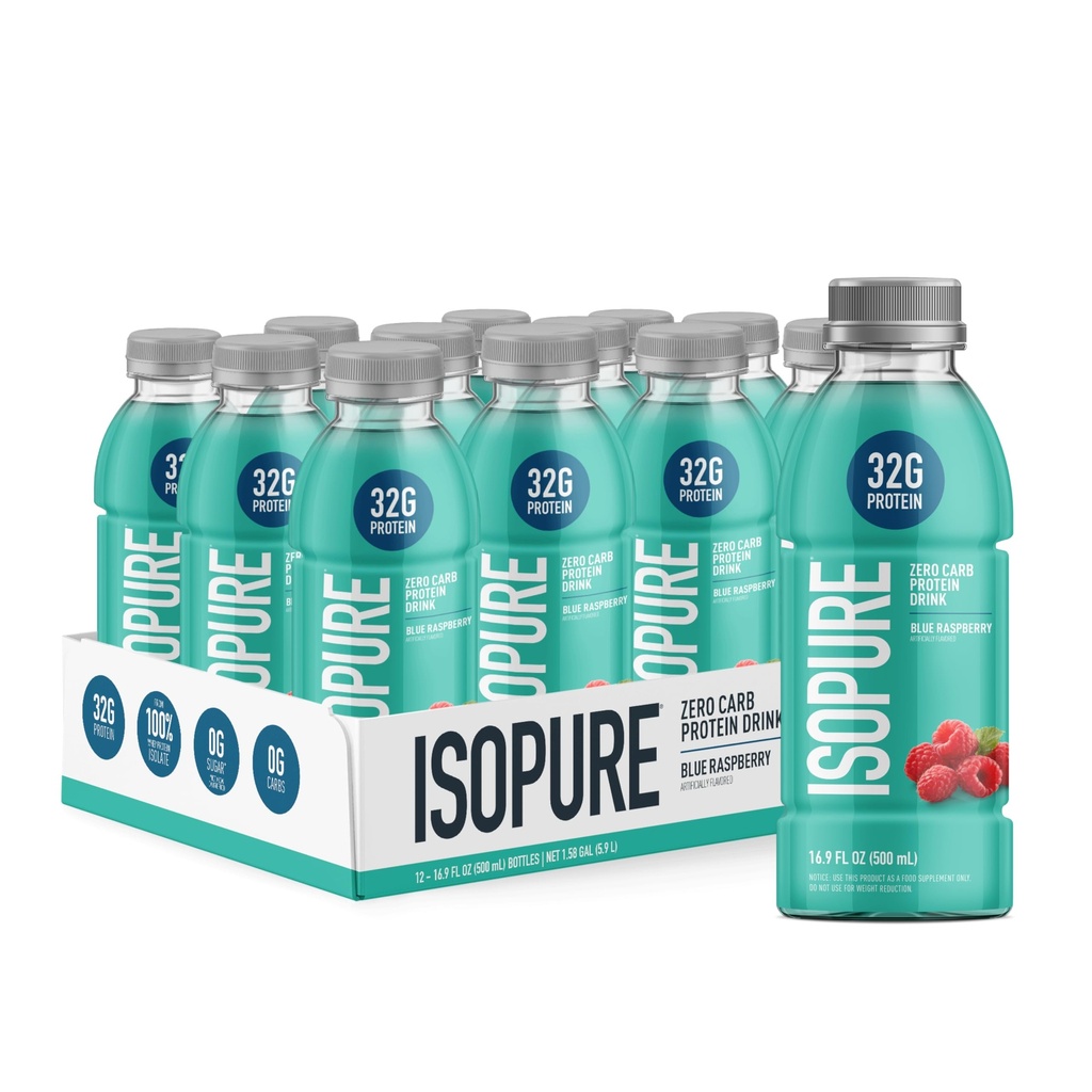 Isopure Zero Carb 32g Clear Protein List-to-Drink, Whey Protein Isolate, Blue Raspberry, 12 Pack (Packaging May Vary)
