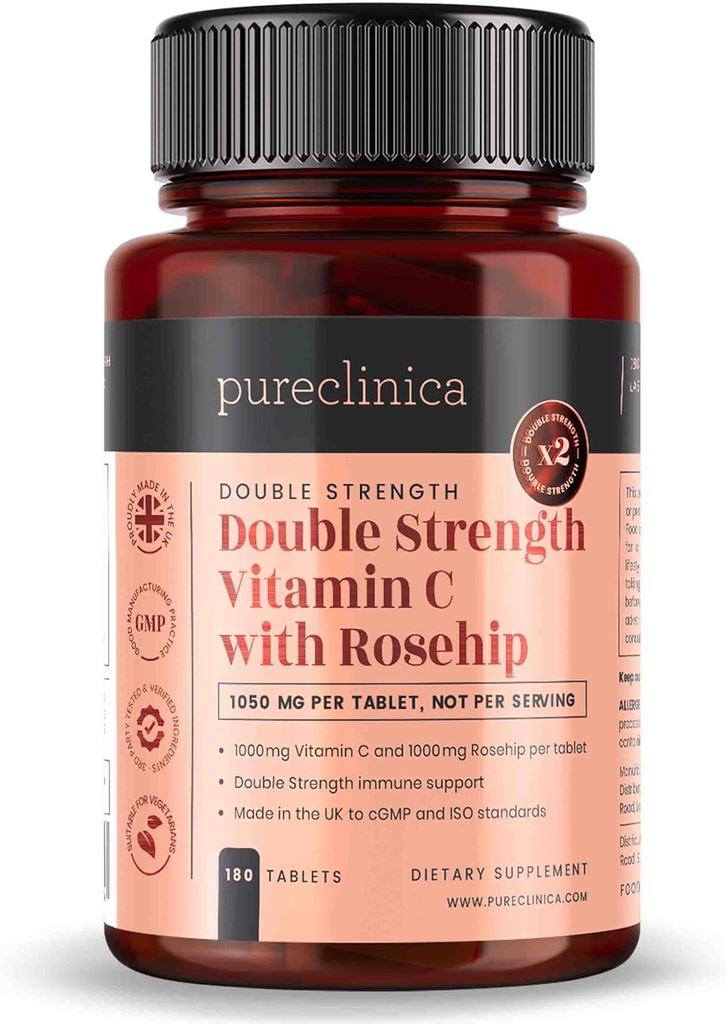 Purclinica Vitamina C con Rosehip – 2000mg (1000mg VIT C & 1000mg Extracto de Rosehip) x 180 Tabletas - 6 Meses de suministro!