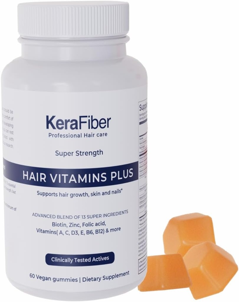 KeraFiber Professional Hair Vitamins Plus Gummies - Biotin Hair Growth Supplements - Vegan Hair Vitamins with Zinc, Vitamins A, C, D, E, B6, B12 - Supports Hair Growth, Skin & Nails - 60 Condes
