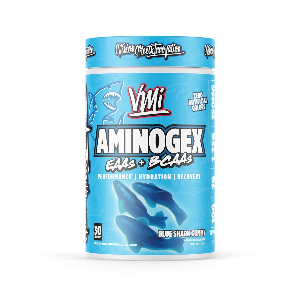 VMI Sports Aminogex Ultra TENER EAA + BCAA Powder ANTE Amino Acid + Hydration Recovery Drink with Electrolytes, Betaine and Glutamine TEN (30 Servings) (Blue Shark Gummy)