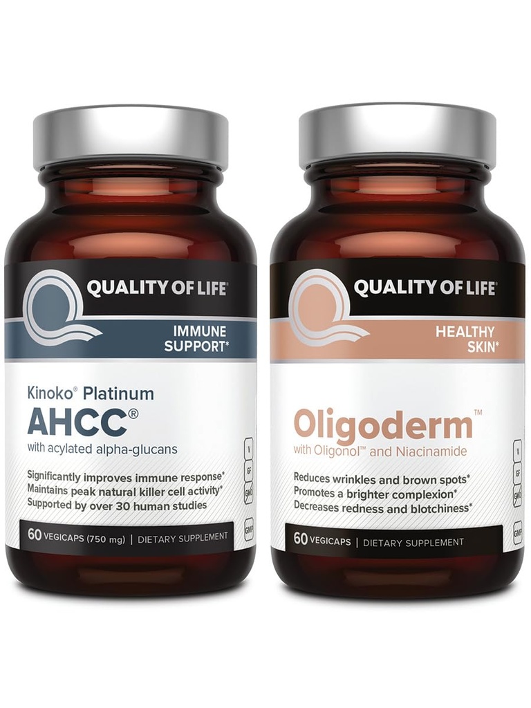 Calidad de vida con Kinoko Platinum AHCC Mushroom Extract y Oligoderm con Oligonol Lychee Extract - Immune Soporte Skin Health Bundle