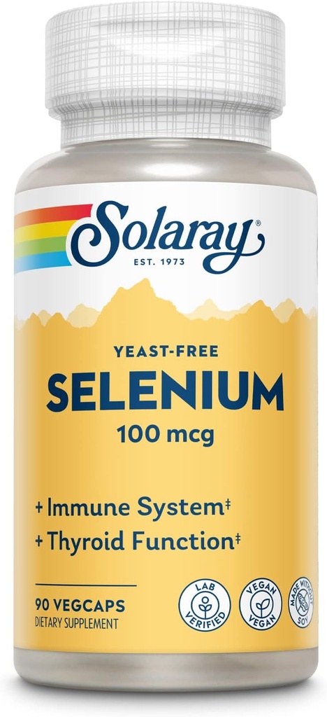 Solaray Yeast Free Selenium 100mcg, Healthy Immune & Thyroid Function Support, Enhanced Absorption, 90 Serv, 90 VegCaps