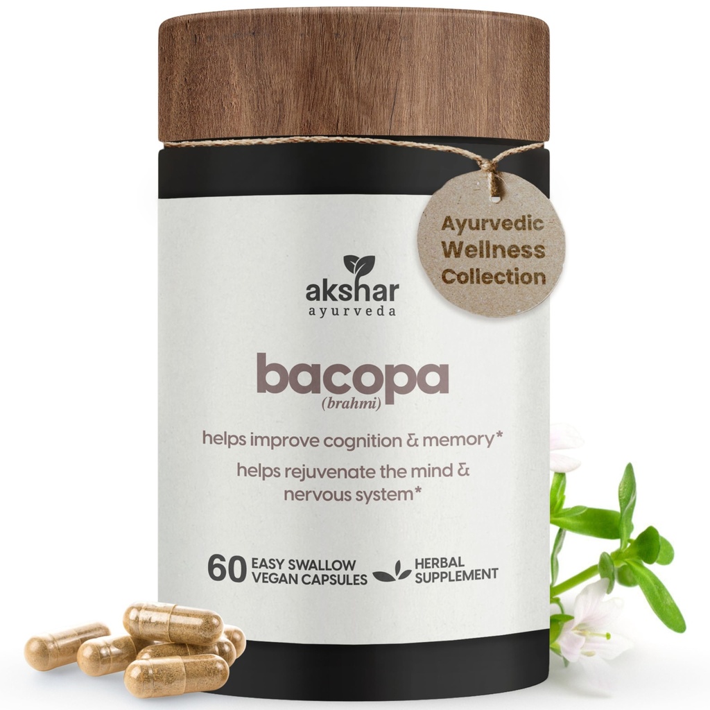 AKSHAR Ayurveda - Bacopa 500mg Brahmi Suplemento, Rejuvenate System, Bacopa Pills to Support Cognitive Function for Adults, Vegan Cruelty Free Bacopa Monnieri (60 Conde)