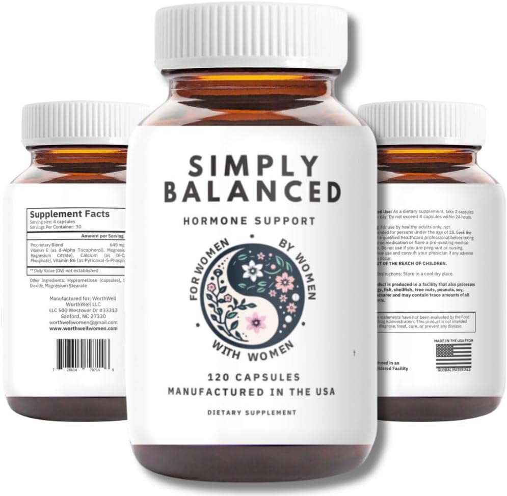 Simplemente equilibrado – Equilibrio hormonal para las mujeres – Restaurar la armonía hormonal – PMDD Suplementos para las mujeres – Perimenopause – Menopause – Cortisol Reductor – PMS – PCOS Suplementos – 120 ct